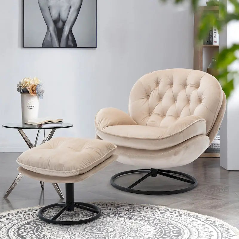 Fauteuil d'appoint pivotant moderne beige de 31,7 po avec pouf