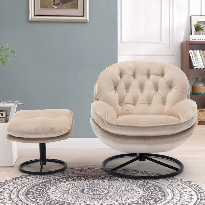 Fauteuil d'appoint pivotant moderne beige de 31,7 po avec pouf
