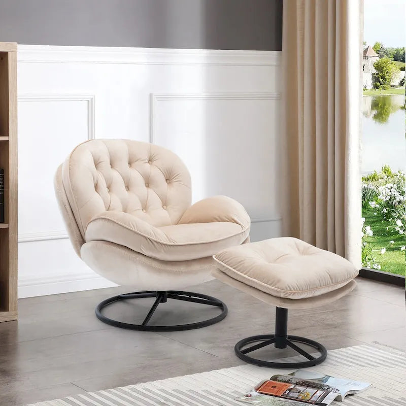 Fauteuil d'appoint pivotant moderne beige de 31,7 po avec pouf