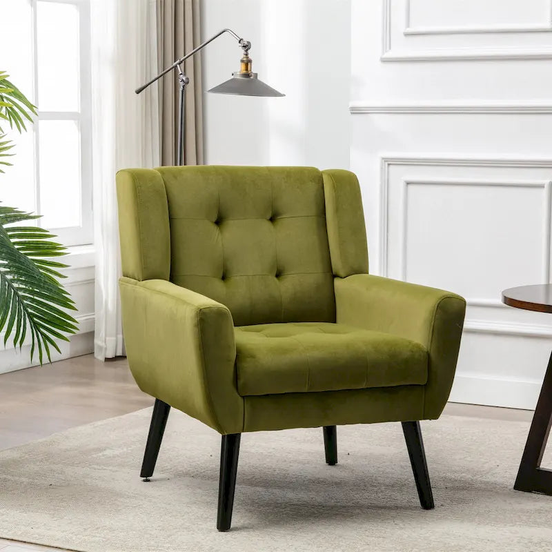 Green Velvet 29.53 Upholstered Tufted Accent Chair with Solid Black Wood Legs