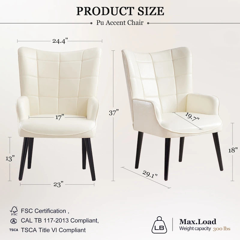 Fauteuil d'appoint moderne en similicuir PU crème 24,4 po