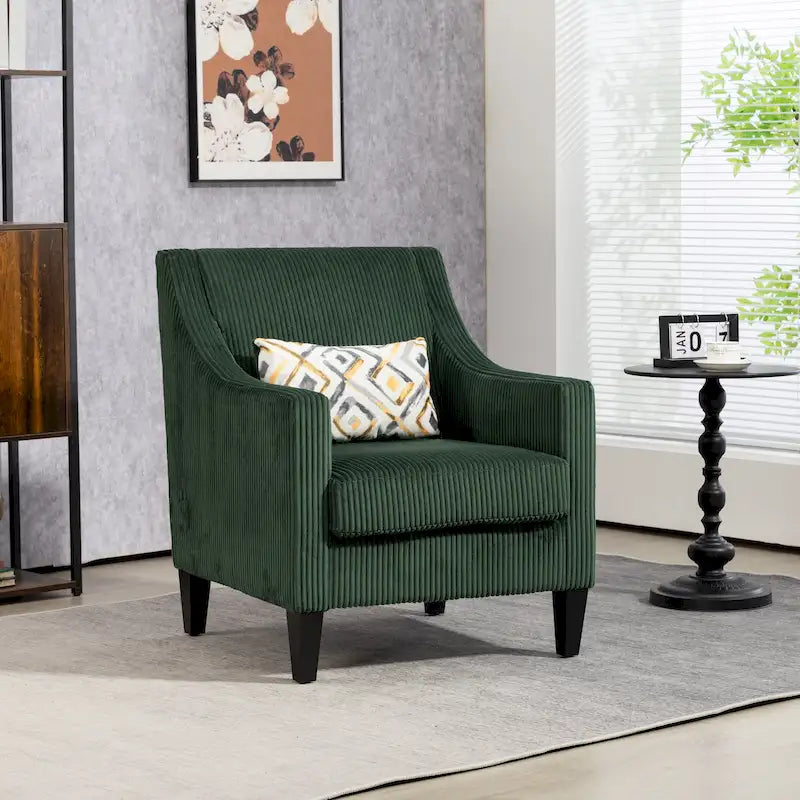 Fauteuil rembourré Emerald 26.77 avec accoudoirs creusés et pieds en bois d'hévéa