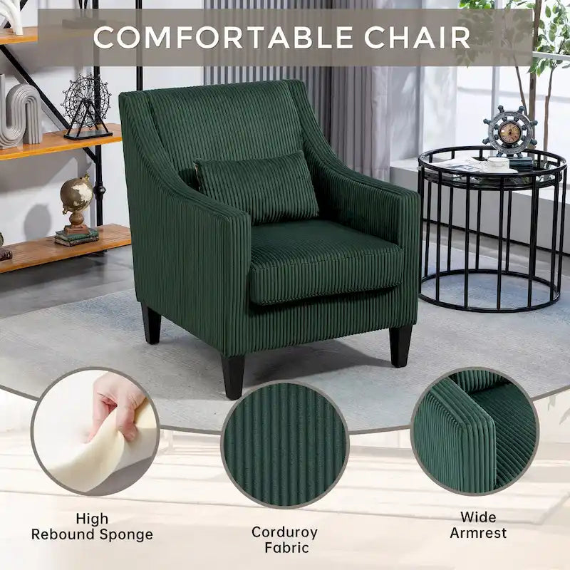 Fauteuil rembourré Emerald 26.77 avec accoudoirs creusés et pieds en bois d'hévéa