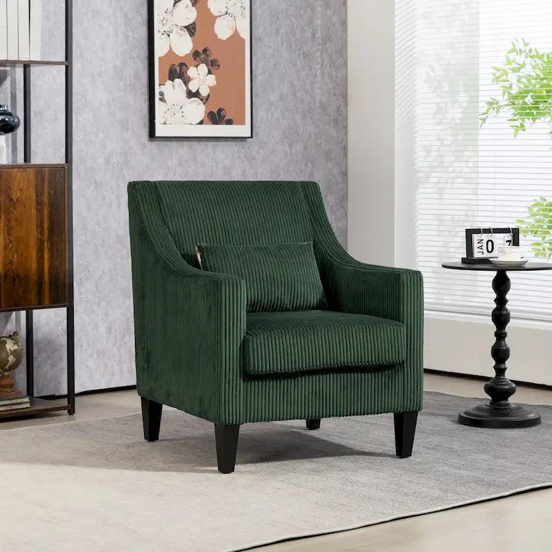 Fauteuil rembourré Emerald 26.77 avec accoudoirs creusés et pieds en bois d'hévéa