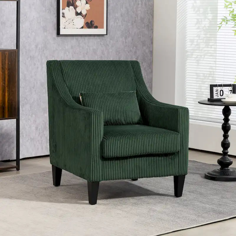 Fauteuil rembourré Emerald 26.77 avec accoudoirs creusés et pieds en bois d'hévéa