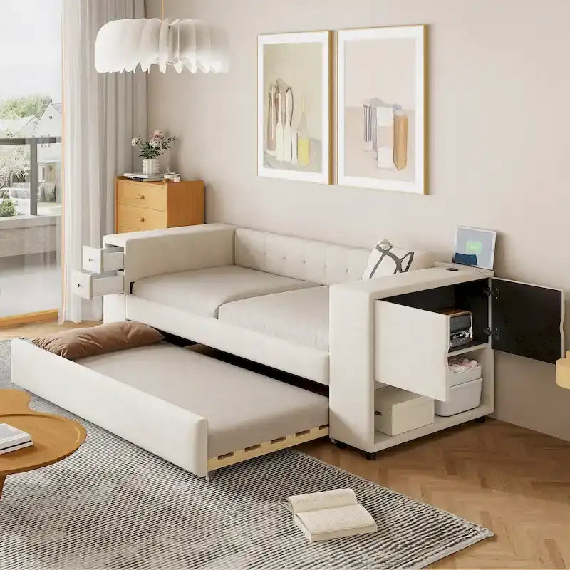 Cadre de lit de repos rembourré en velours avec ports de chargement USB et rangement