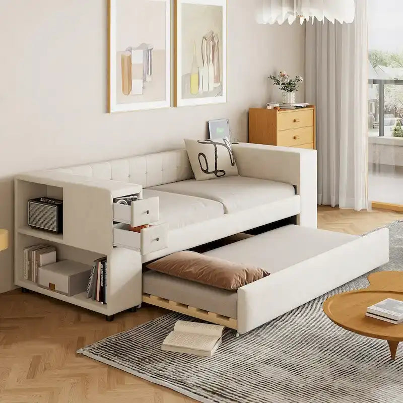 Cadre de lit de repos rembourré en velours avec ports de chargement USB et rangement