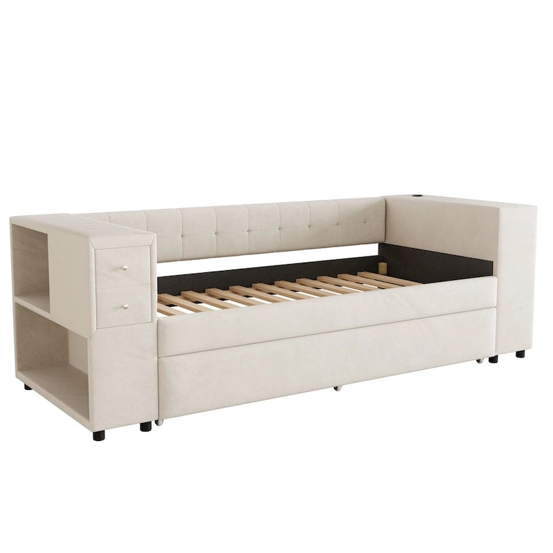 Cadre de lit de repos rembourré en velours avec ports de chargement USB et rangement