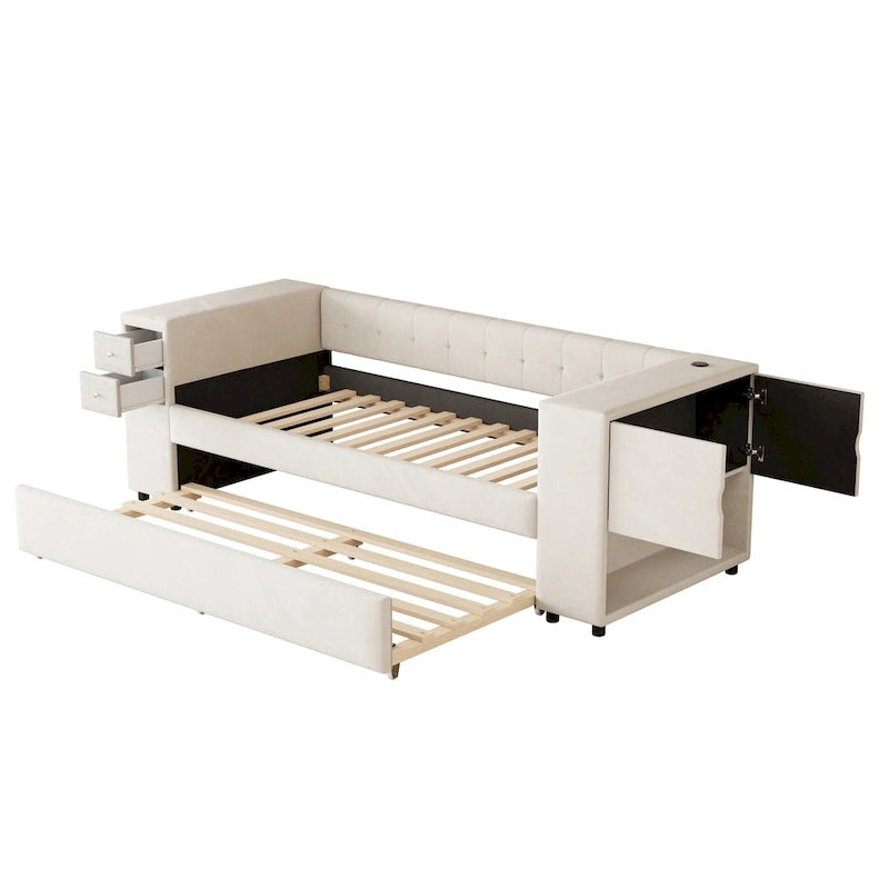 Cadre de lit de repos rembourré en velours avec ports de chargement USB et rangement