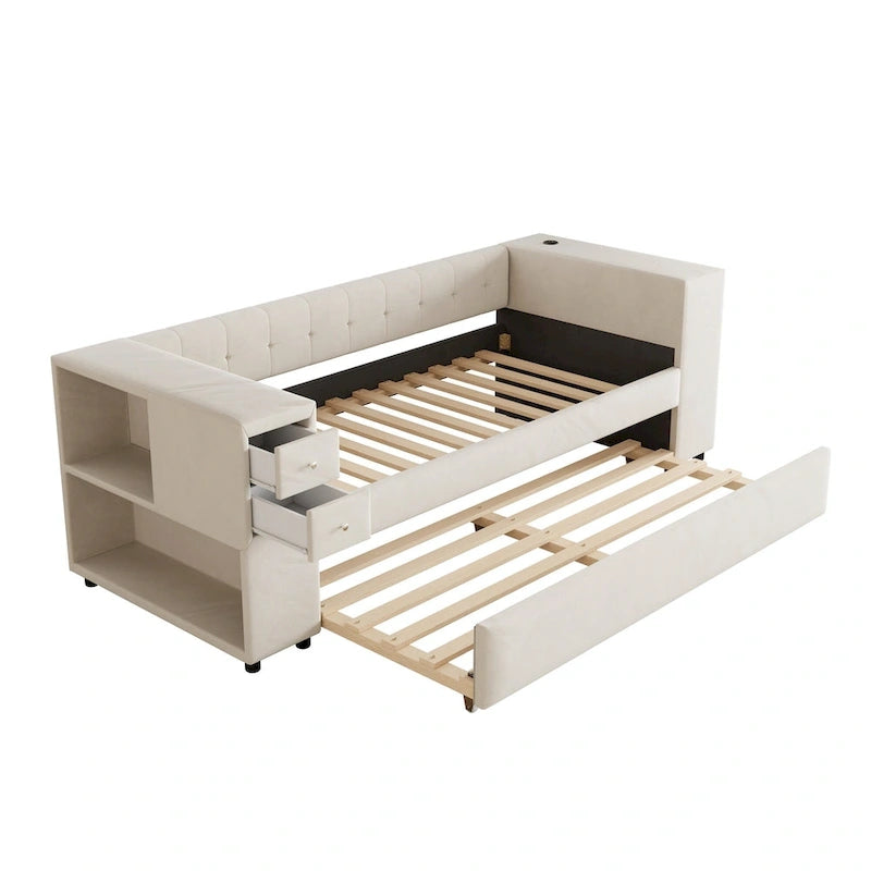 Cadre de lit de repos rembourré en velours avec ports de chargement USB et rangement