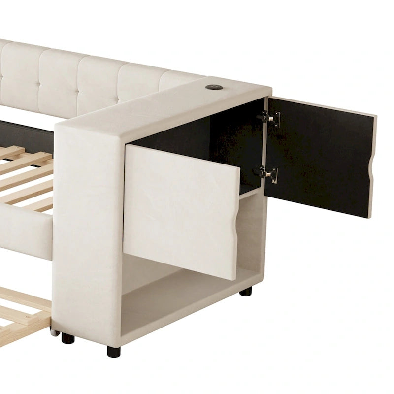 Cadre de lit de repos rembourré en velours avec ports de chargement USB et rangement