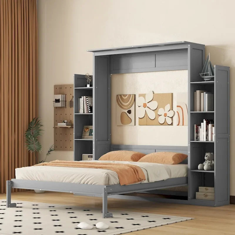 Lit escamotable créatif nordique Queen Size avec étagères et lumières LED, lit mural pour enfants, adolescents et adultes, gain de place, assemblage facile