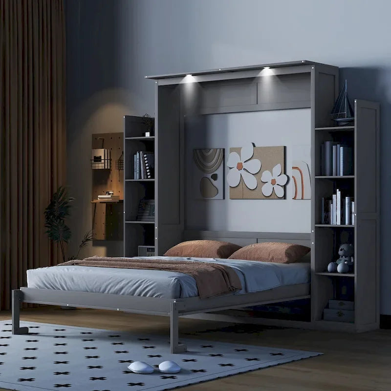 Lit escamotable créatif nordique Queen Size avec étagères et lumières LED, lit mural pour enfants, adolescents et adultes, gain de place, assemblage facile