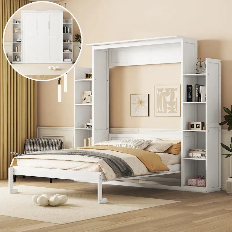Lit escamotable créatif nordique Queen Size avec étagères et lumières LED, lit mural pour enfants, adolescents et adultes, gain de place, assemblage facile