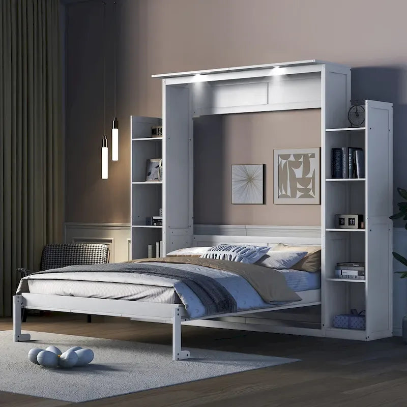 Lit escamotable créatif nordique Queen Size avec étagères et lumières LED, lit mural pour enfants, adolescents et adultes, gain de place, assemblage facile