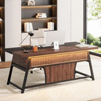 Bureau de direction de 160 cm avec étagère de rangement et éclairage LED, Noyer et Noir