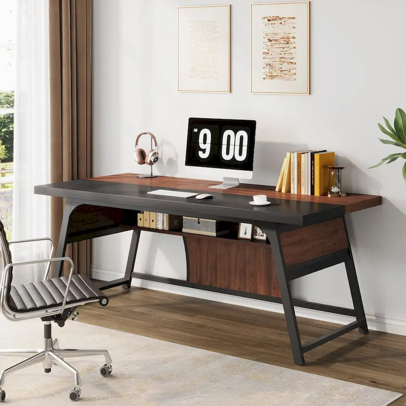 Bureau de direction de 160 cm avec étagère de rangement et éclairage LED, Noyer et Noir