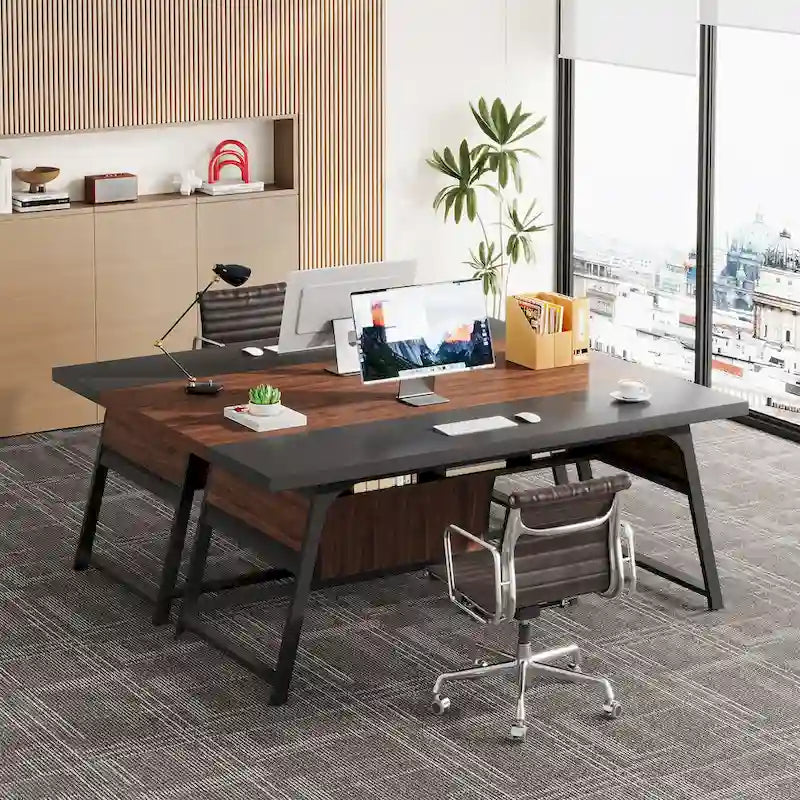 Bureau de direction de 160 cm avec étagère de rangement et éclairage LED, Noyer et Noir