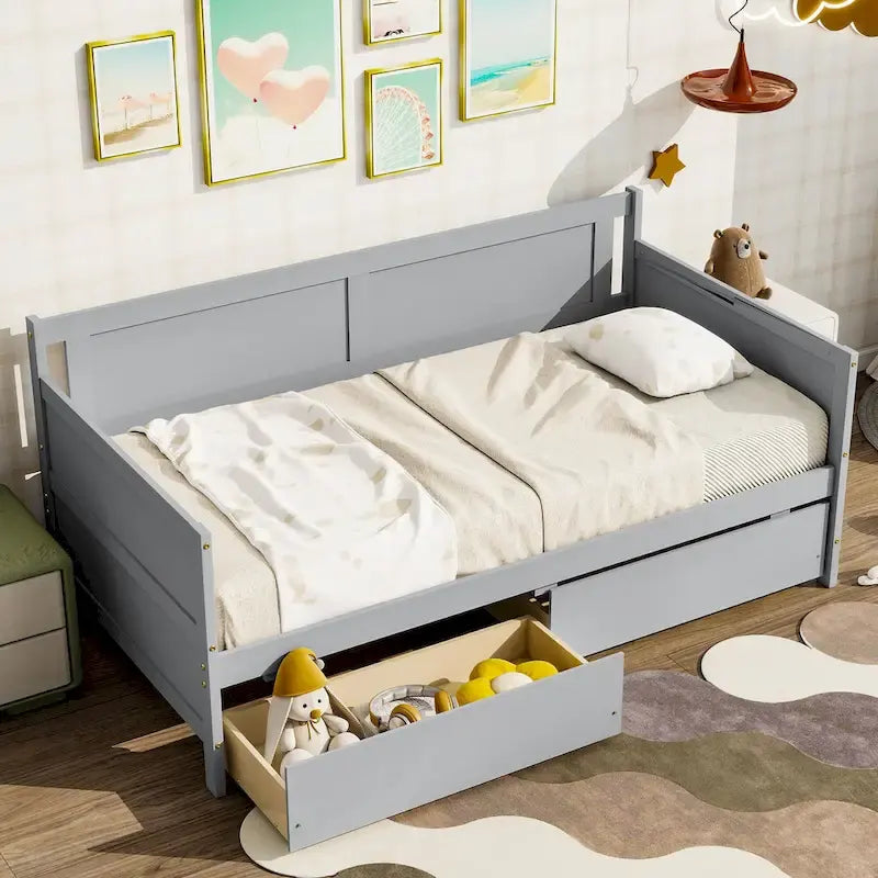 Twin Size Daybed Pine Wood Sofa Bed Frame with 2 Storage Drawers