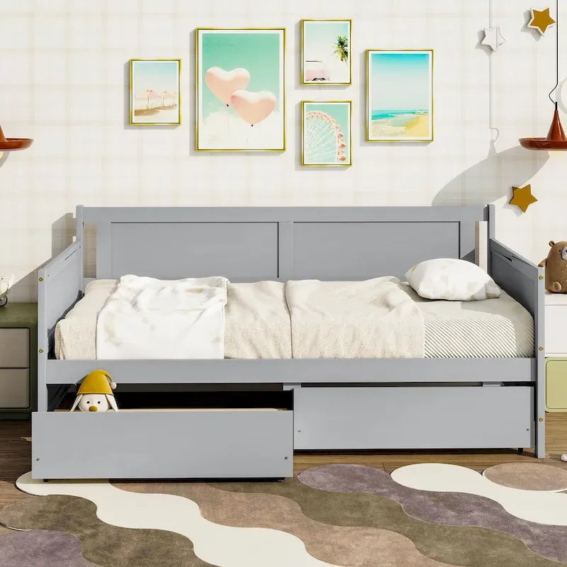 Lit de repos double en pin avec 2 tiroirs de rangement