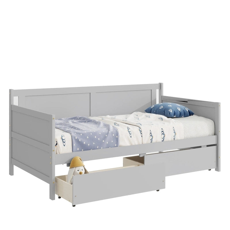 Lit de repos double en pin avec 2 tiroirs de rangement