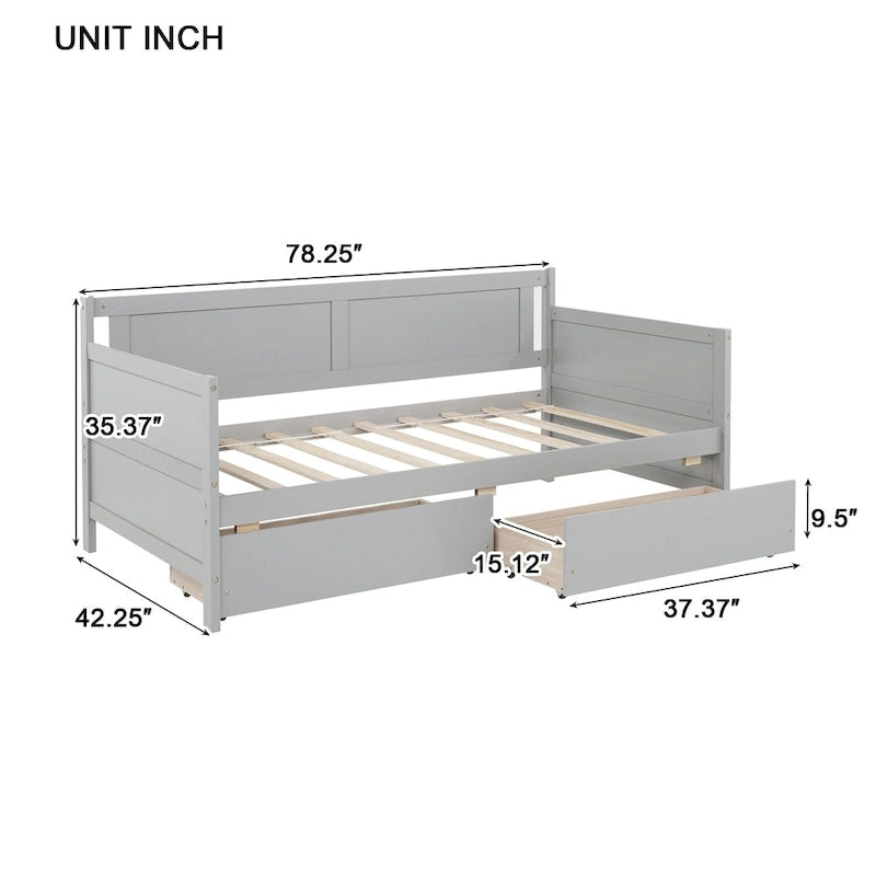 Lit de repos double en pin avec 2 tiroirs de rangement