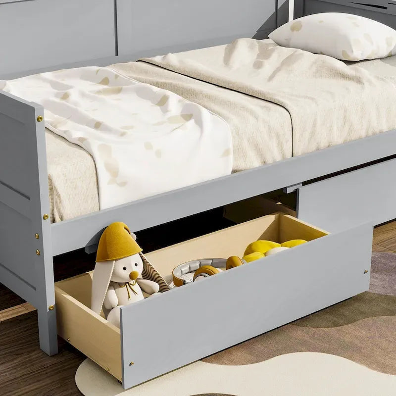 Lit de repos double en pin avec 2 tiroirs de rangement