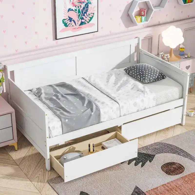 Lit de repos double en pin avec 2 tiroirs de rangement