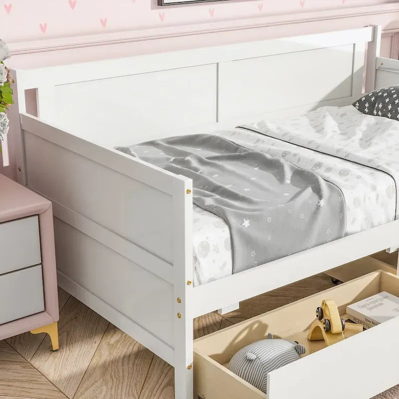 Lit de repos double en pin avec 2 tiroirs de rangement