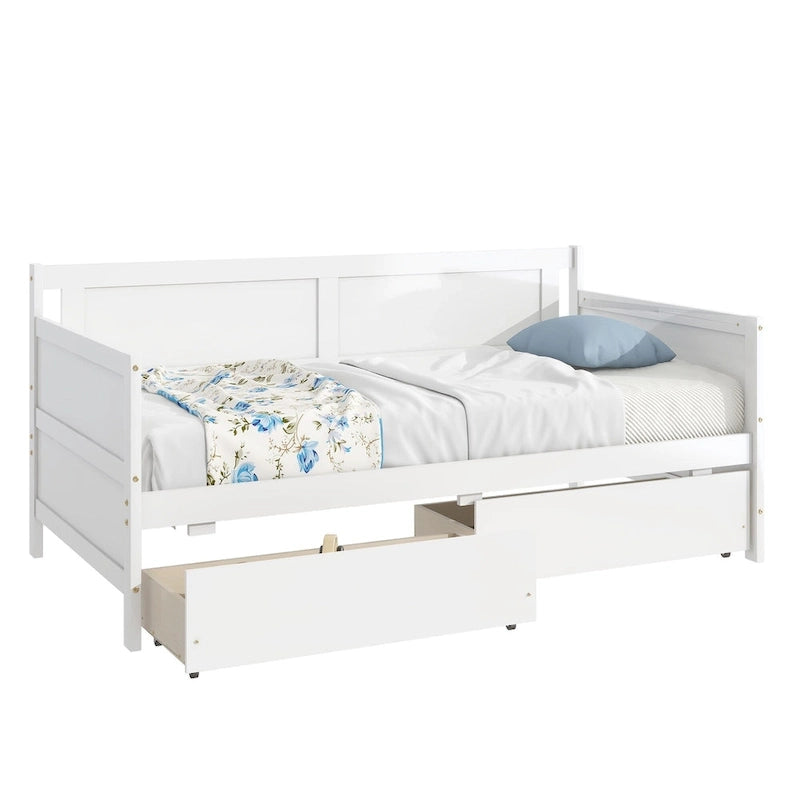 Lit de repos double en pin avec 2 tiroirs de rangement