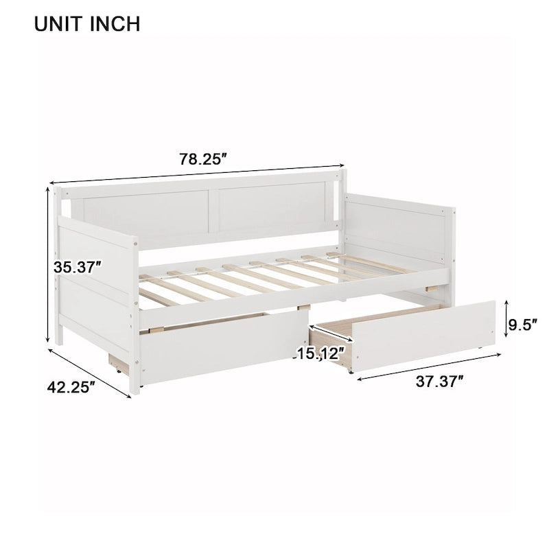 Lit de repos double en pin avec 2 tiroirs de rangement
