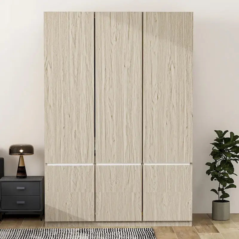 Freestanding Armoire Wardrobe Bedroom Clothing Storage Cabinet with Clothes Rail 6-Door Wooden Wardrobe Closet