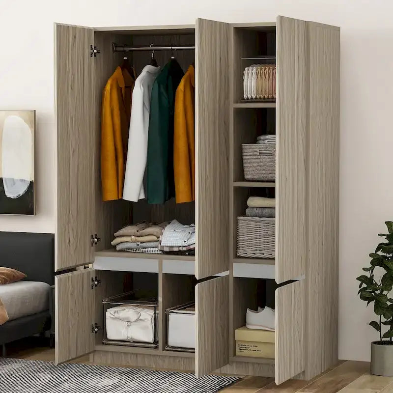 Armoire penderie indépendante pour chambre à coucher avec tringle à vêtements et 6 portes en bois