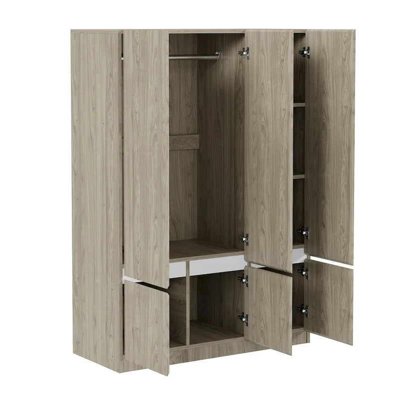 Armoire penderie indépendante pour chambre à coucher avec tringle à vêtements et 6 portes en bois