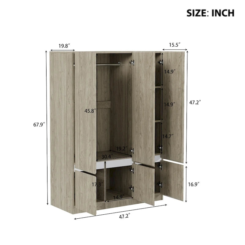 Armoire penderie indépendante pour chambre à coucher avec tringle à vêtements et 6 portes en bois