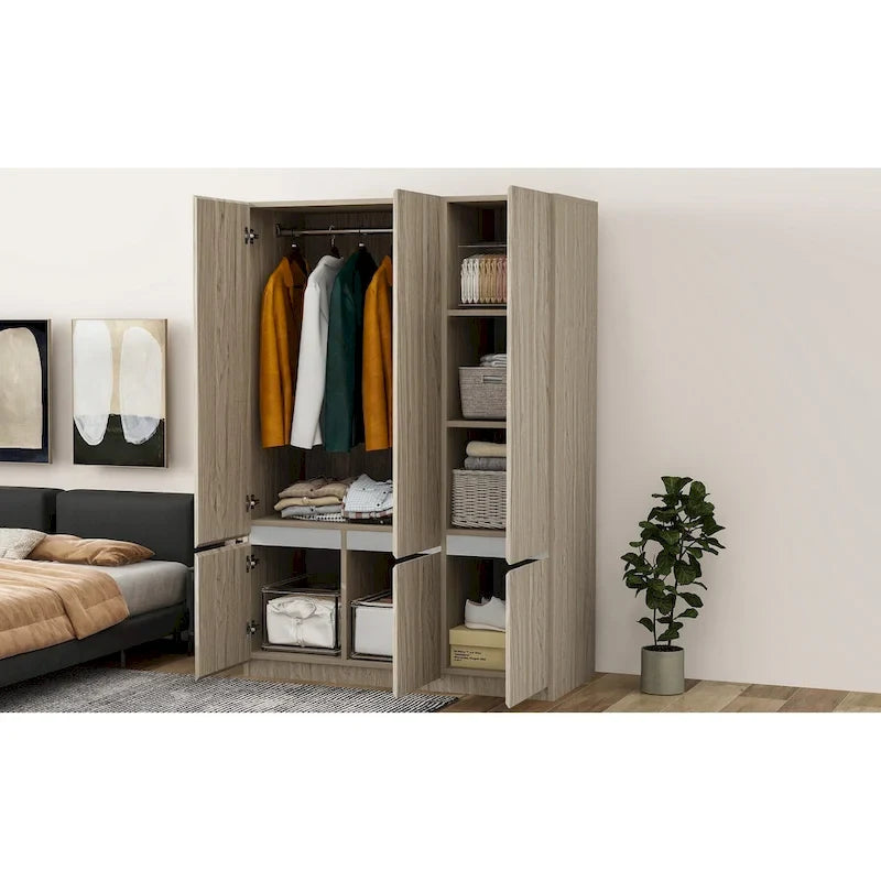Armoire penderie indépendante pour chambre à coucher avec tringle à vêtements et 6 portes en bois