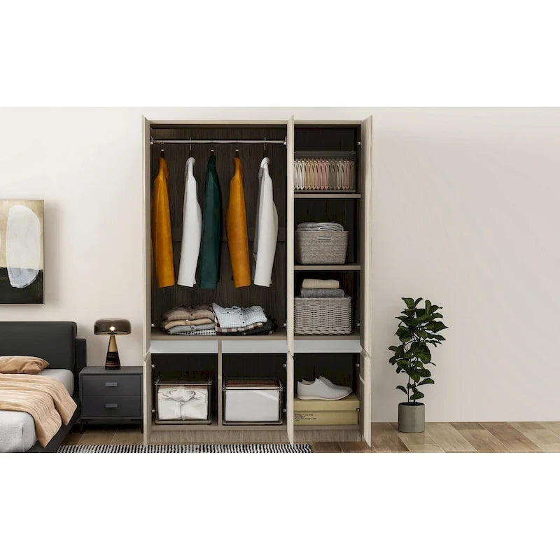 Armoire penderie indépendante pour chambre à coucher avec tringle à vêtements et 6 portes en bois