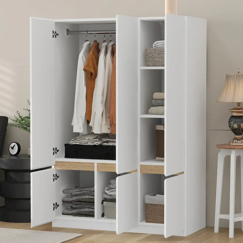 Armoire penderie indépendante pour chambre à coucher avec tringle à vêtements et 6 portes en bois