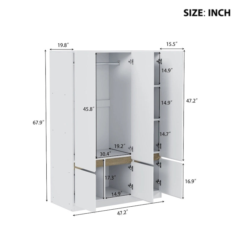 Armoire penderie indépendante pour chambre à coucher avec tringle à vêtements et 6 portes en bois