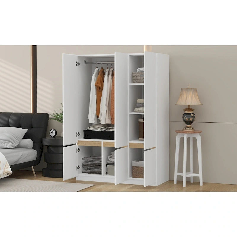 Armoire penderie indépendante pour chambre à coucher avec tringle à vêtements et 6 portes en bois