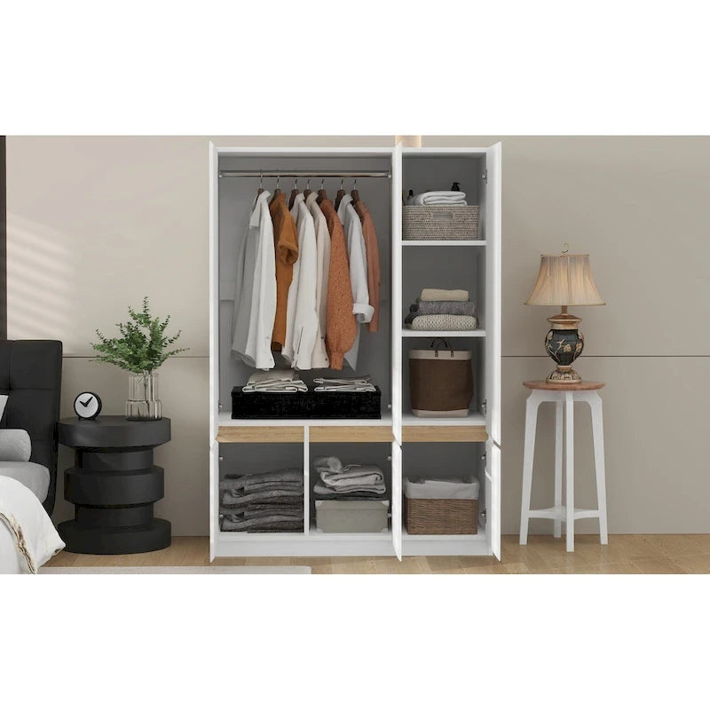 Armoire penderie indépendante pour chambre à coucher avec tringle à vêtements et 6 portes en bois