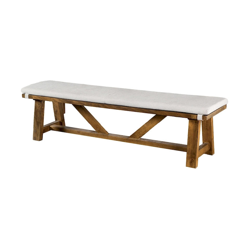 Banc de salle à manger Jule, piètement tréteaux, 175 cm, bois brun avec assise blanc cassé