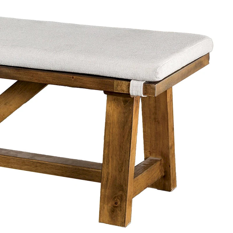 Banc de salle à manger Jule, piètement tréteaux, 175 cm, bois brun avec assise blanc cassé