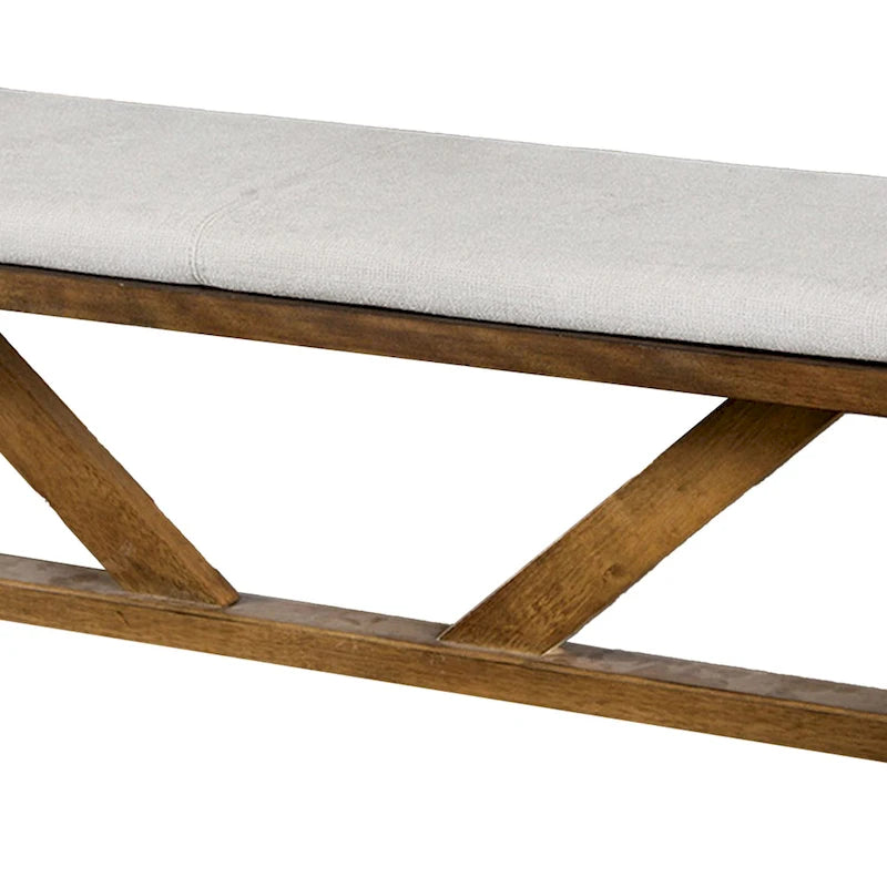 Banc de salle à manger Jule, piètement tréteaux, 175 cm, bois brun avec assise blanc cassé
