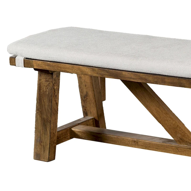 Banc de salle à manger Jule, piètement tréteaux, 175 cm, bois brun avec assise blanc cassé