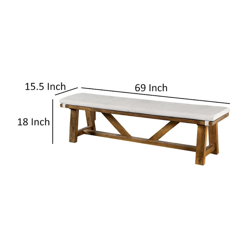 Banc de salle à manger Jule, piètement tréteaux, 175 cm, bois brun avec assise blanc cassé