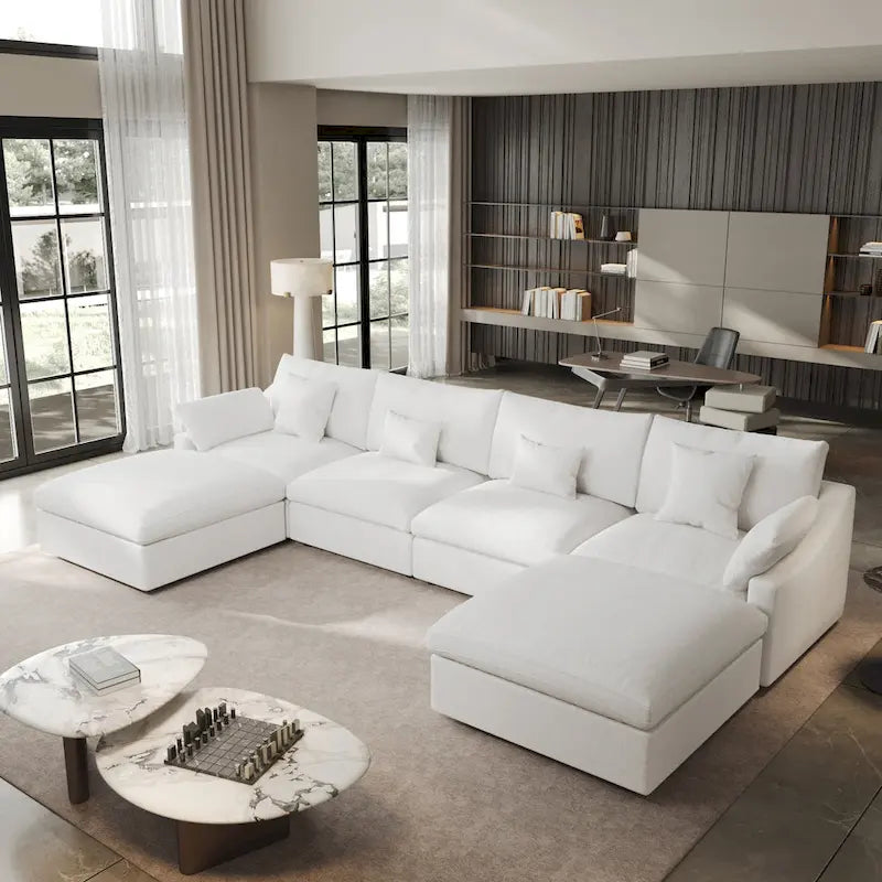 Minimalist Linen Sectional Sofa Down Filled Cloud Couch, U-Shape Deep Seat Couch with Cushions