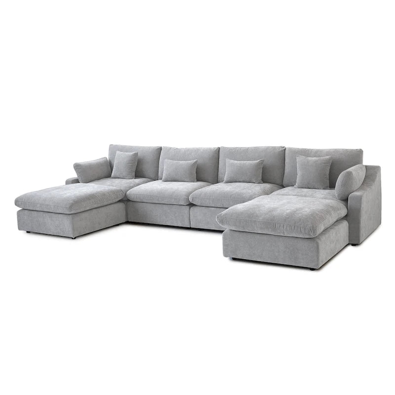 Canapé d'angle minimaliste en lin garni de duvet, canapé nuage en forme de U avec coussins