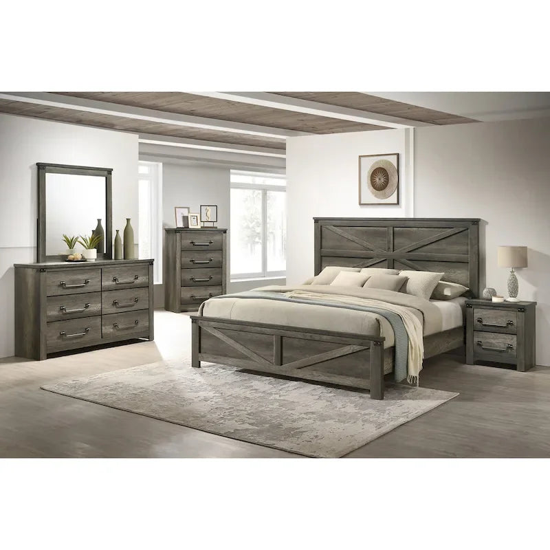 Lit Vraif en bois gris rustique avec panneau en bois
