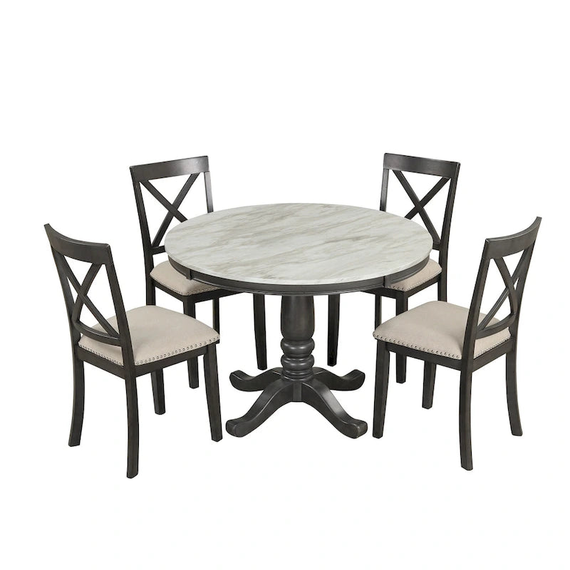 Salle à manger moderne en bois avec table ronde et chaises